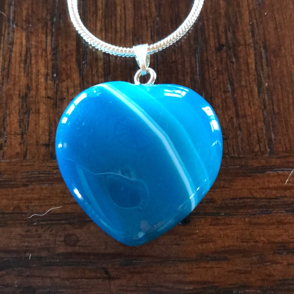 Blue Striped Agate Heart Pendant Necklace
